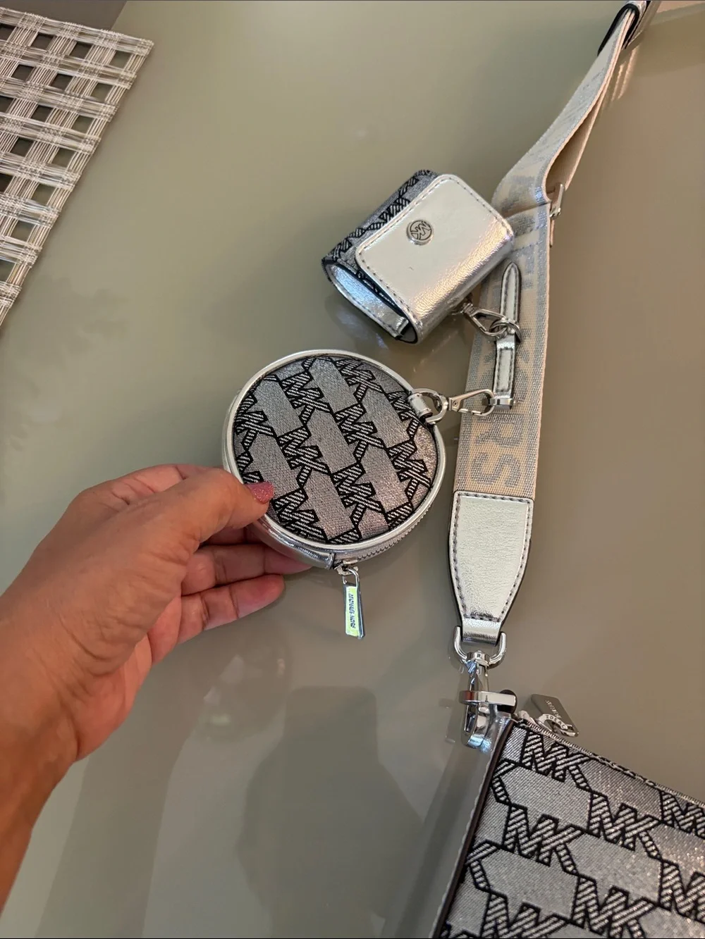 Michael Kors Silver Monogram Crossbody Bag with Coin Pouch FREE BELT